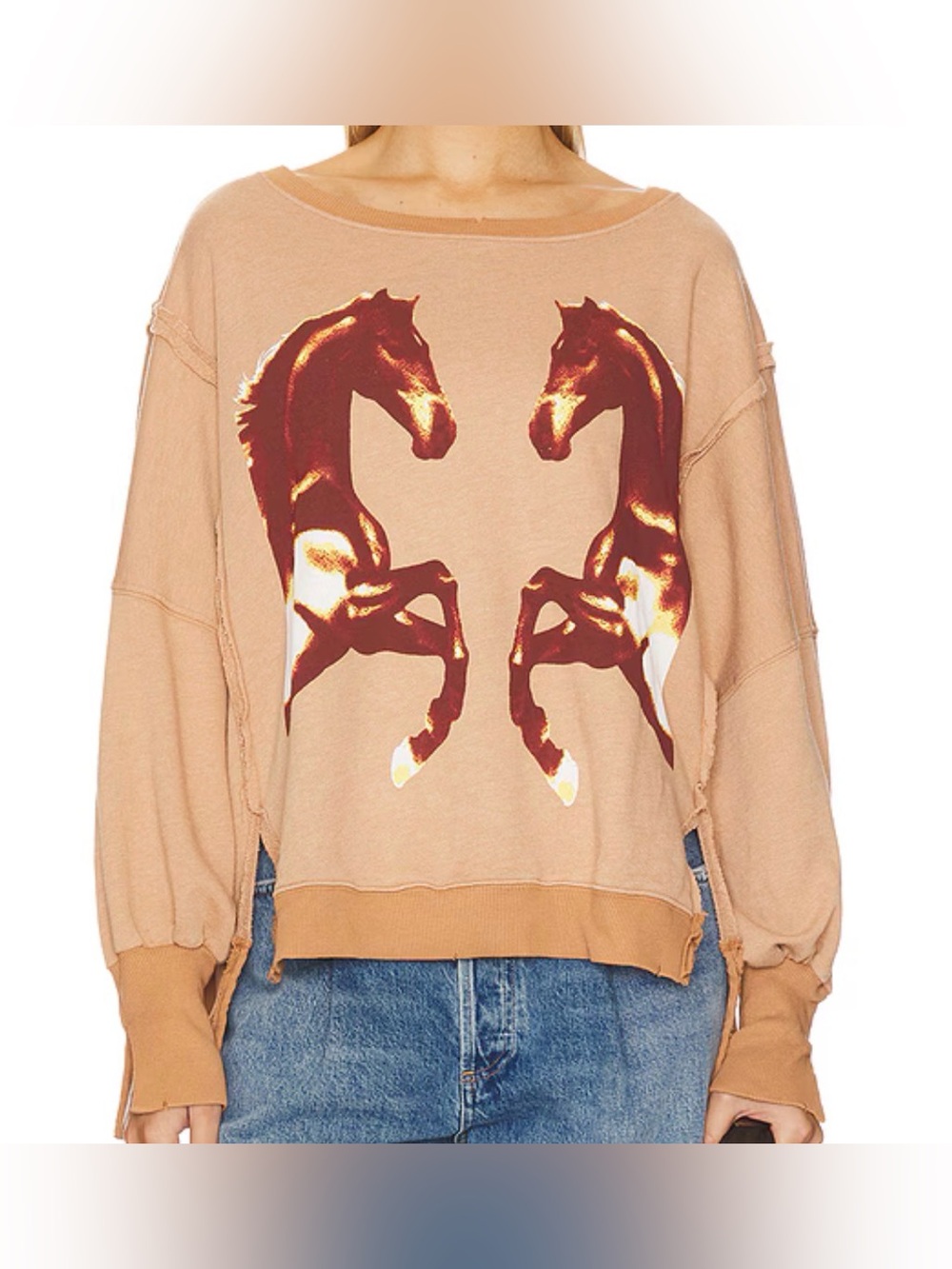 We The Free Horse Graphic Distressed Sweatshirt Raw Hem Oversized Boho Small - Picture 6 of 6